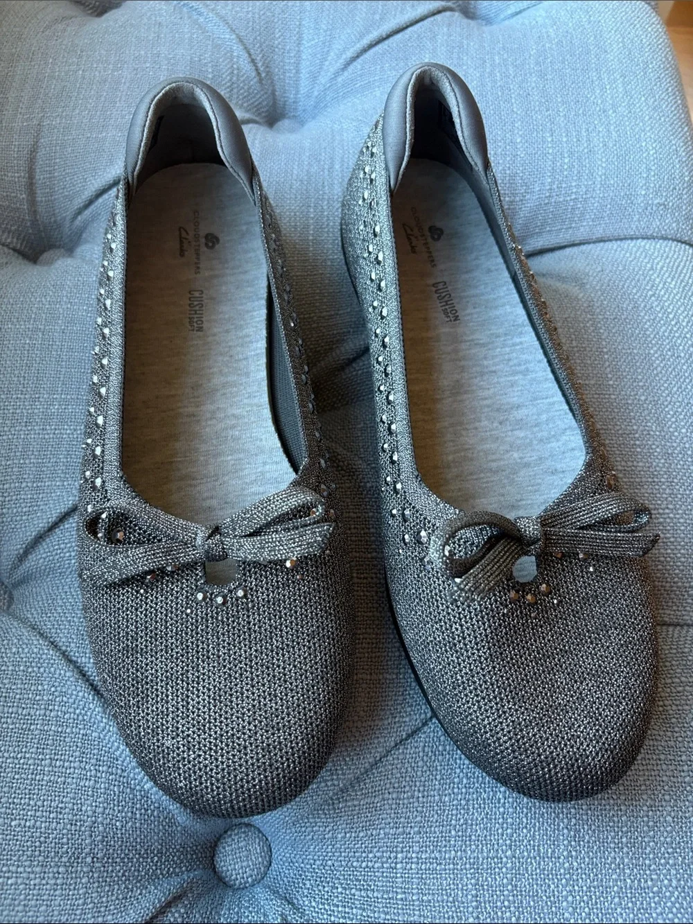 Clarks Gray Sparkle Ballet Flats with Bow and Stud Accents
